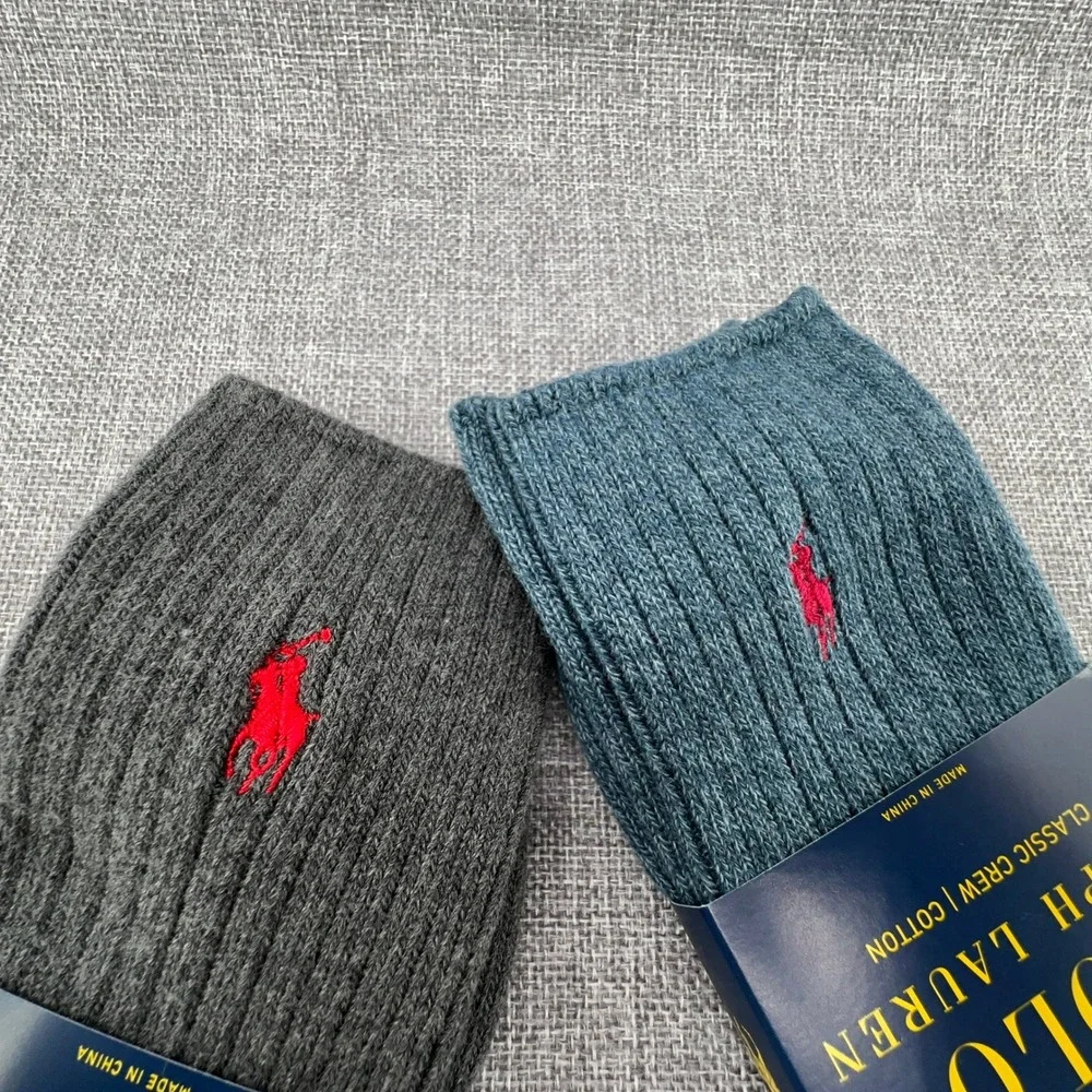 2 Pair of Polo Ralph Lauren Crew Socks Mens Sz 10-13 Grey Blue Ribbed Cotton NEW
